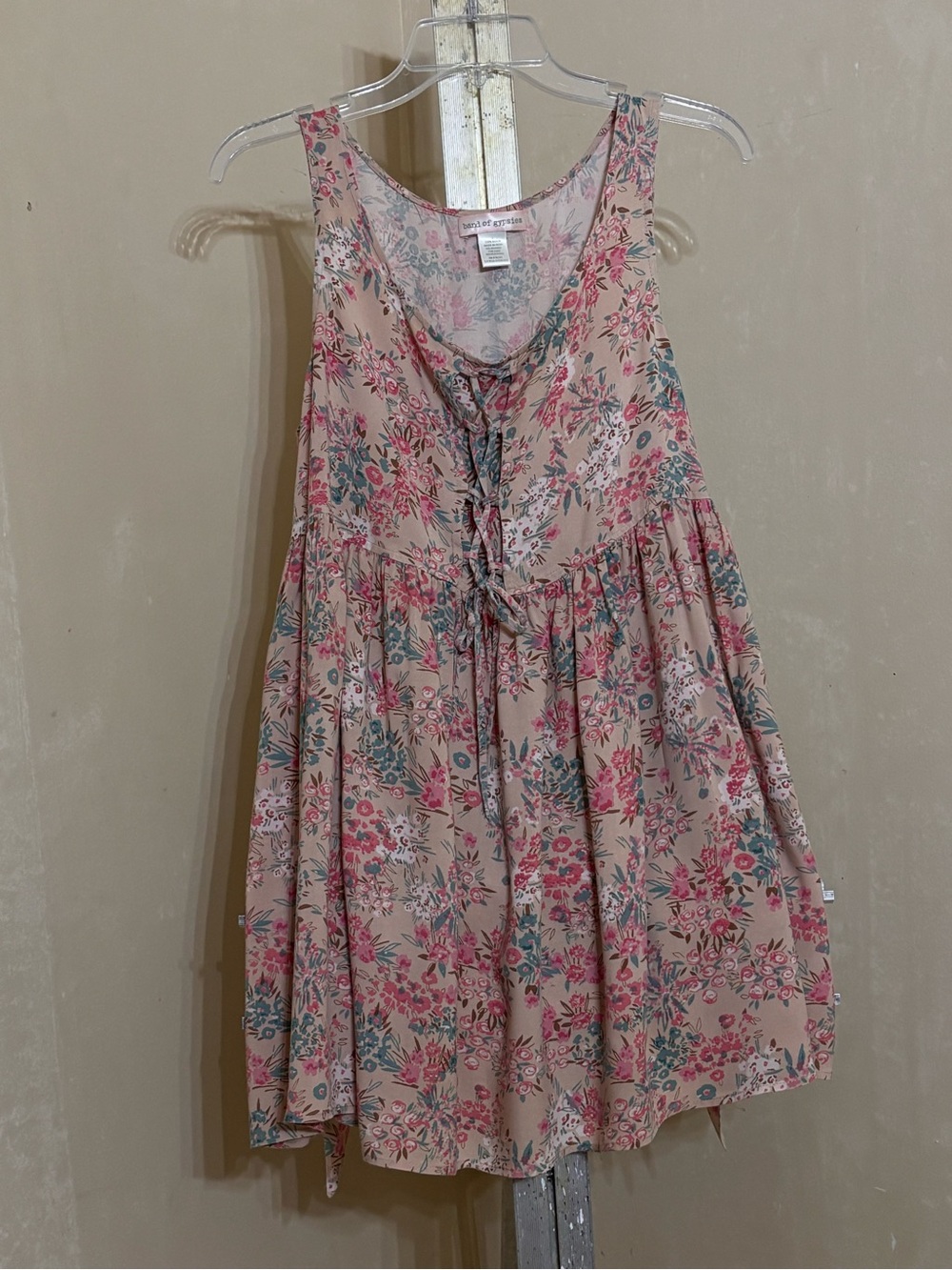 Band of Gypsies Floral Lace-Up Sleeveless Tank Dress - Pink Floral Sz S